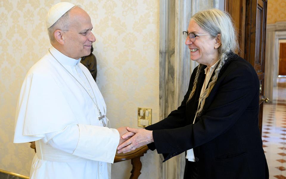 Pope Leo XIV greets American singer-songwriter, poet, and artist, Patti Smith during a private audience at the Vatican’s Apostolic Palace July 31, 2026. (OSV News/Vatican Media/Simone Risoluti)