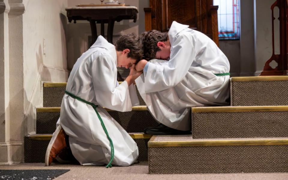 Julius Rinzel and Ivan Howe play teenage altar servers in "The Saviors," written by Bubba Weiler and directed by Jack Serio. The off-Broadway show is produced by the Atlantic Theater Company in New York City. (Ahron R. Foster)
