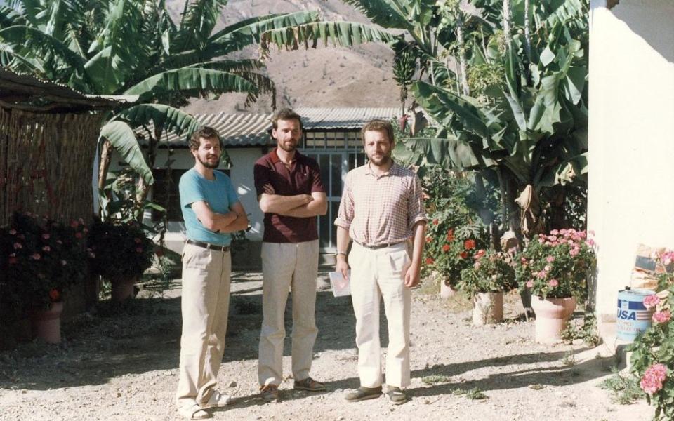 Conventual Franciscan Frs. Jaroslaw Wysoczanski, left, Michal Tomaszek and Zbigniew Strzalkowski pose  at their mission in Peru in an undated photo. The three Polish friars served remote communities in the Andes after arriving in Peru in 1988. Tomaszek and Strzalkowski were killed by Shining Path guerrillas Aug. 9, 1991, and were beatified as martyrs in 2015. (OSV News/Courtesy Jaroslaw Wysoczanski)