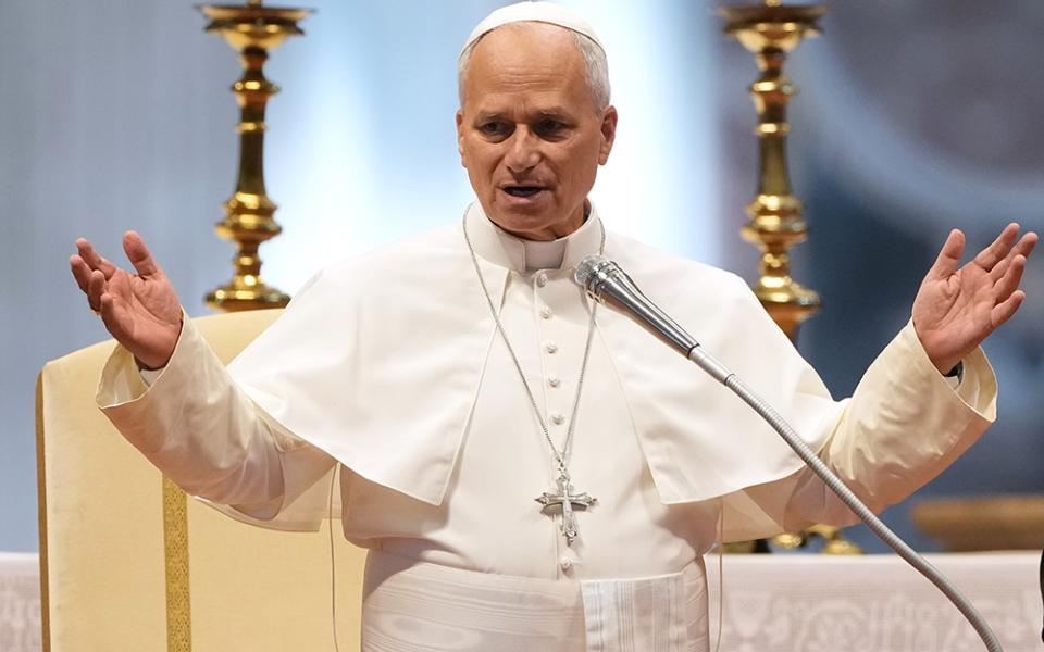 Pope Leo XIV delivers a blessing in St. Peter's Basilica, on the occasion of the weekly general audience at the Vatican Aug. 5, 2026. (AP Photo/Gregorio Borgia)