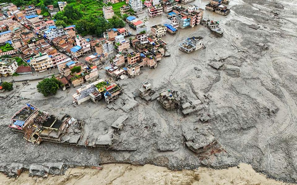 A drone view shows mud covering properties at Trishuli in Nepal's Nuwakot district Aug. 27, 2026, following devastating floods. (OSV News/Reuters/Navesh Chitrakar)