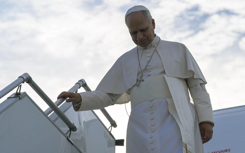 Pope Leo XIV descends the stairs of the papal plane upon arriving at Metz-Nancy-Lorraine International Airport Sept. 28, 2026, during his apostolic journey to France. (CNS/Vatican Media)