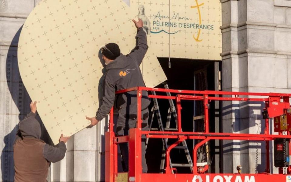The mosaics on the doors of the facade of the Basilica of Our Lady of the Rosary, at the Sanctuary of Our Lady of Lourdes in southwestern France are being covered in an undated photograph provided by the sanctuary. (OSV News/Courtesy Lourdes Sanctuary)
