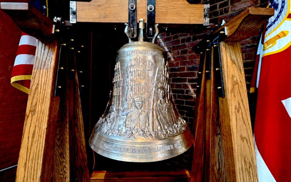 The Marinelli Pontifical Bell Foundry in Agone, Italy, made this bronze bell for the New York City Fire Museum to honor 9/11 firefighters and responders who died that day and people who got sick from their work at Ground Zero. The bell was unveiled and blessed Sept. 11. (NCR photo/Camillo Barone)