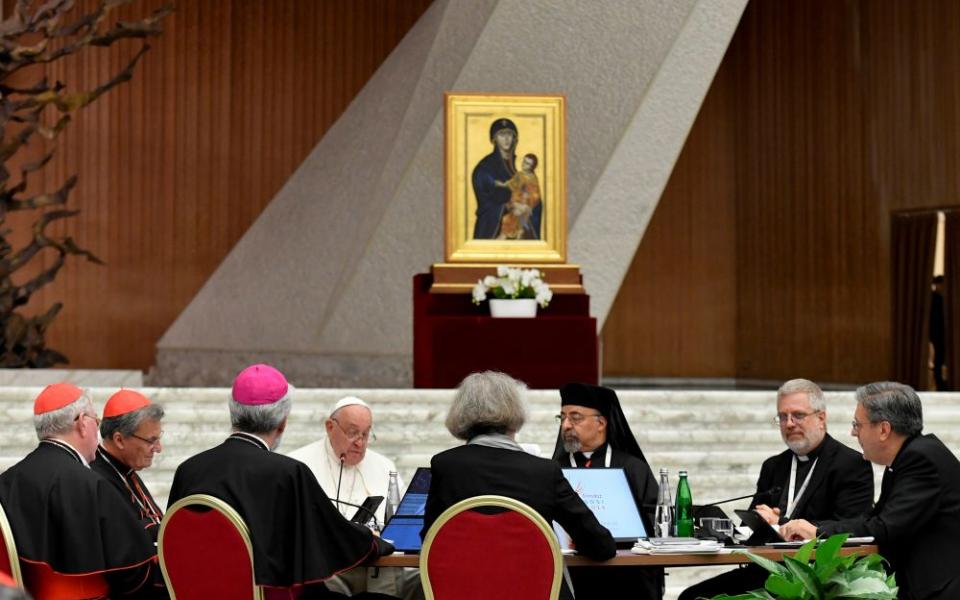 Pope Francis speaks to members of the Synod of Bishops on synodality after they approved their final document Oct. 26, 2024, in the Paul VI Audience Hall at the Vatican. (CNS/Vatican Media)