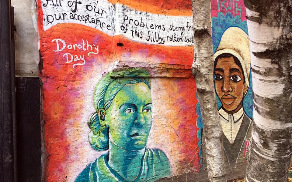 A mural depicting social activist and sainthood candidate Dorothy Day is seen in a park near the Church of the Nativity in New York City in this Dec. 4, 2018, photo. (CNS/Gregory A. Shemitz)
