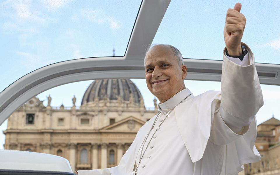 Pope Leo XIV gives the thumbs up as he arrives in his popemobile in St. Peter's Square at the Vatican, Oct. 21, 2026, to hold his first weekly general audience since cancer surgery on Oct. 13. (OSV News/Vatican Media/Simone Risoluti)