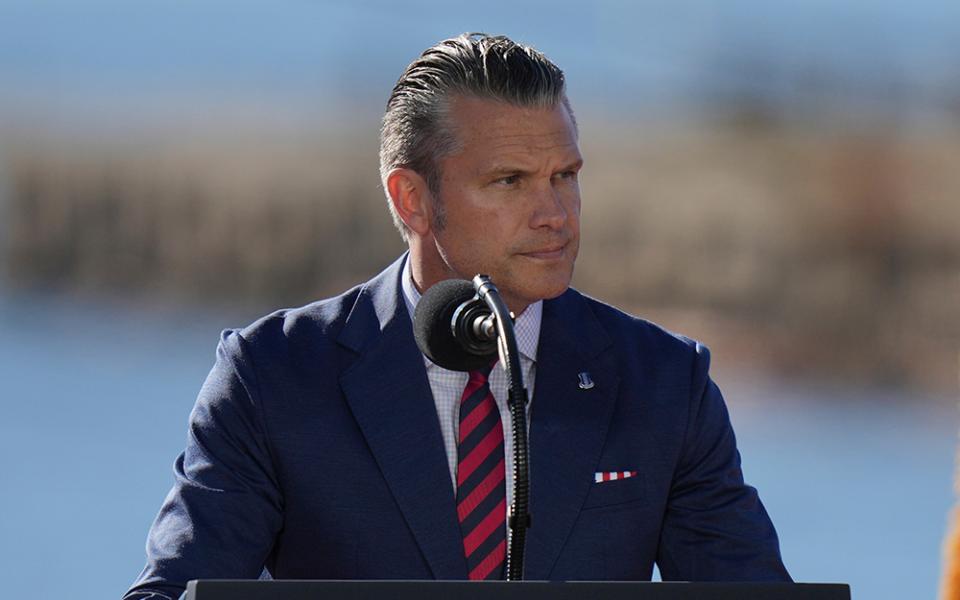 Defense Secretary Pete Hegseth speaks at an event for Anduril Industries, Inc., at Sparrows Point Shipyard, Oct. 6, 2026, in Sparrows Point, Maryland. (AP photo/Stephanie Scarbrough)