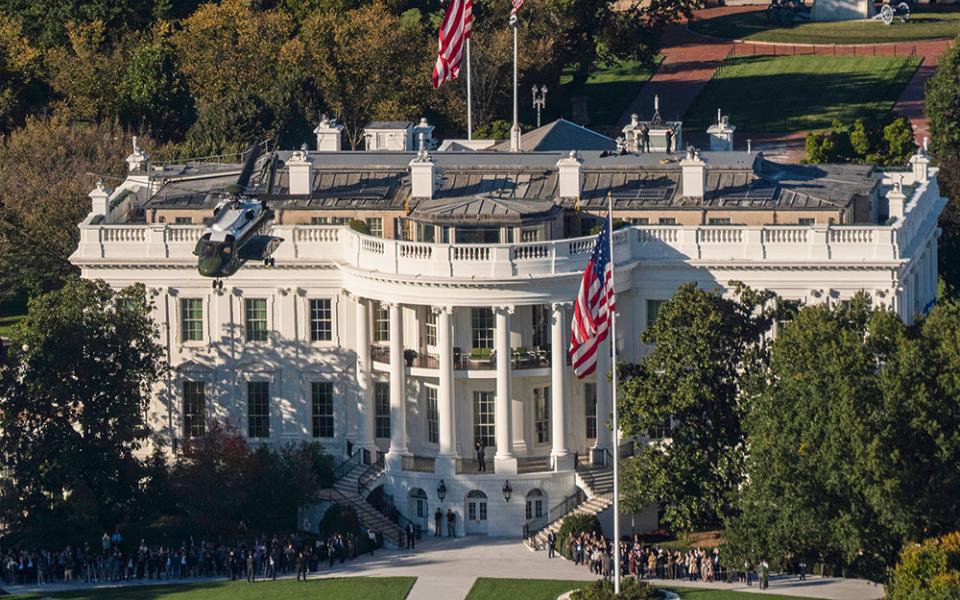 Marine One, carrying President Donald Trump, lifts off from the South Lawn at the White House Oct. 22, 2026, in Washington. (AP/Manuel Balce Ceneta)