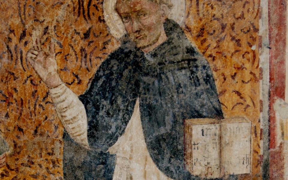 St. Thomas Aquinas, depicted in a 15th-century Italian fresco: "Aquinas did not begin with abstract principles or values, but rather began 'from the ground up,' generalizing from what he observed." (Wikimedia Commons/Silvio sorcini)