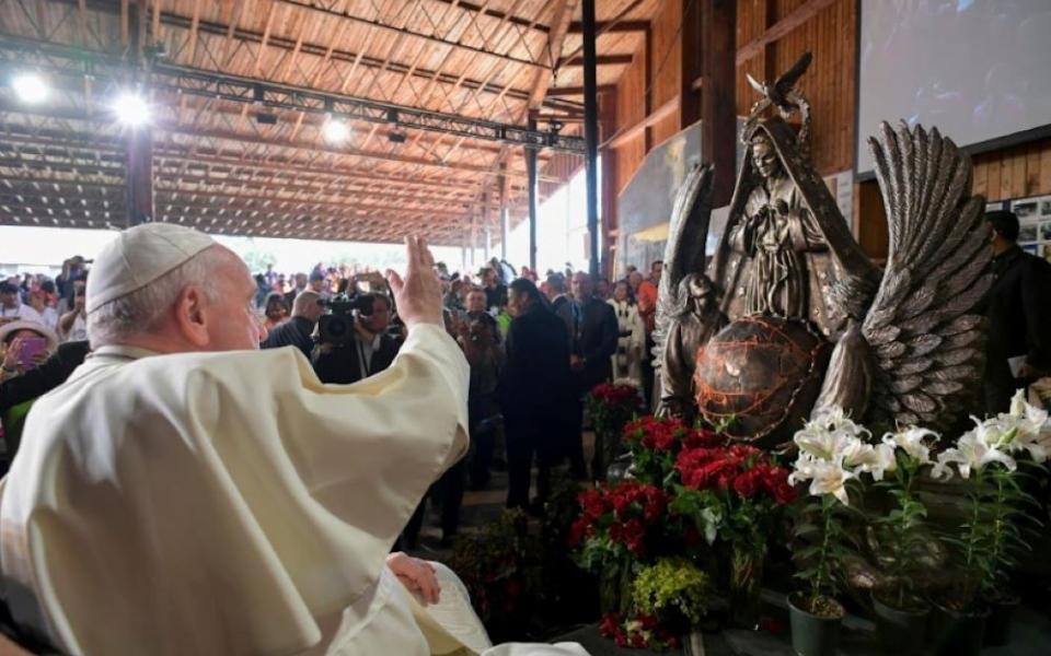 Pope Francis blesses Timothy Schmalz's bronze sculpture. Mary, Untier of Knots, on his second day in Canada, while visiting Lake Ste. Anne, the most popular pilgrimage site for Indigenous peoples in North America. 