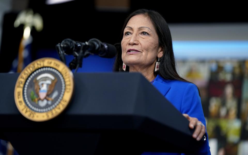 Interior Secretary Deb Haaland speaks Nov. 15 at a Tribal Nations Summit at the White House grounds during Native American Heritage Month. (AP Photo/Evan Vucci)