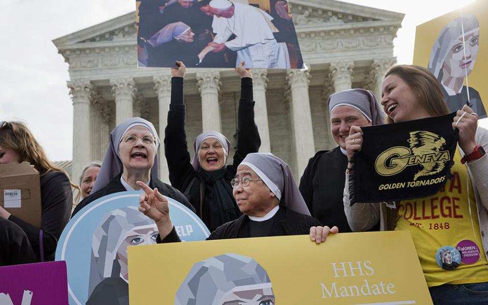 Nuns with the Little Sisters of the Poor rally outside the Supreme Court in Washington March 23, 2016, as the court hears arguments to allow birth control in health care plans. (AP Photo/Jacquelyn Martin)