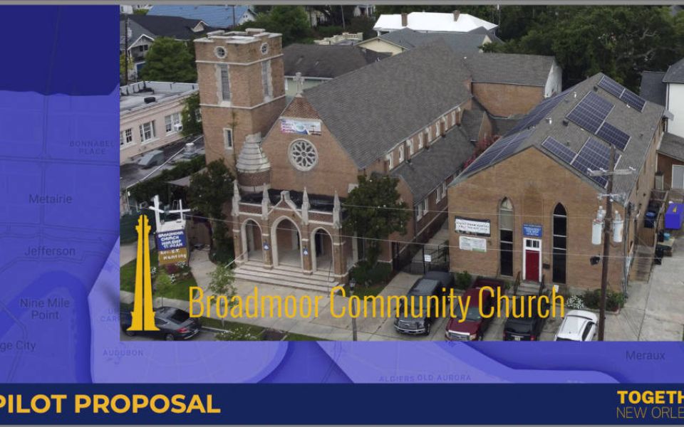 This artist rendering shows Broadmoor Community Church in New Orleans. As global warming produces more extreme weather a grassroots network is launching "Community Lighthouses" to meet the challenge of extended power outages. (Together New Orleans via AP)