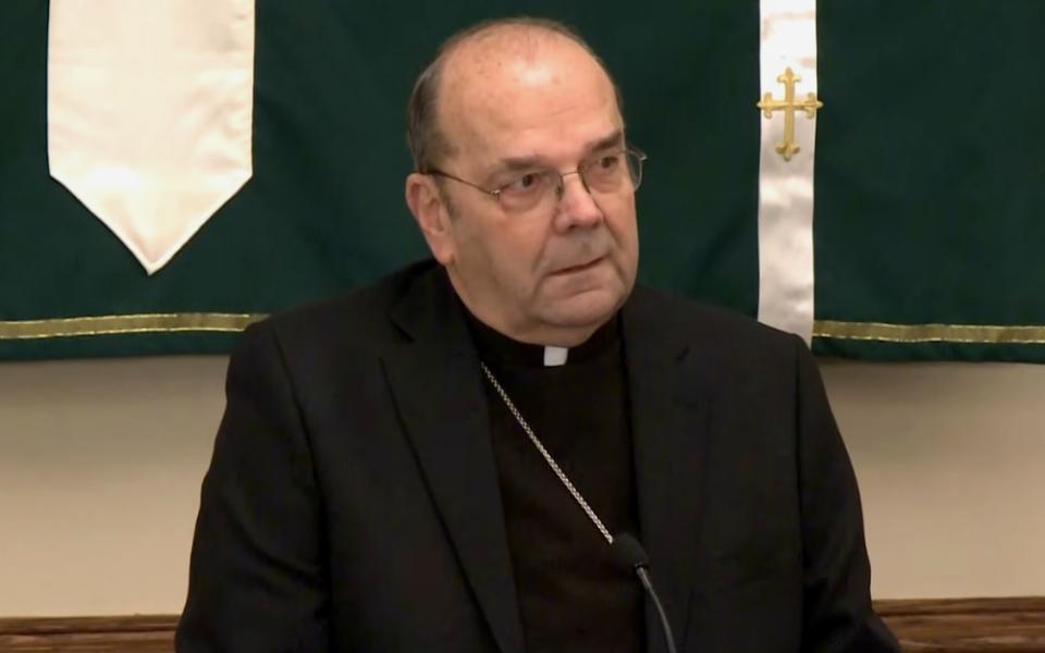 Bishop Robert Cunningham speaks at a Feb. 14 press conference announcing the Syracuse Diocese's Independent Reconciliation Compensation Program for survivors of clergy sexual abuse. (YouTube/Syracuse Diocese)