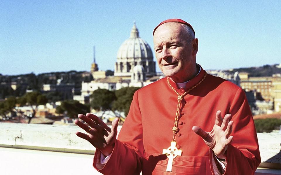 New Cardinal Theodore McCarrick addresses the media on the roof of the North American College in Rome following a consistory ceremony at the Vatican Feb. 21, 2001. McCarrick was among 44 new cardinals created by Pope John Paul II. (CNS/Carol Zimmermann)