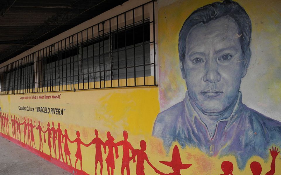 A mural of the late water defender Marcelo Rivera on the Casa de Cultura in San Isidro, Cabañas, El Salvador (MiningWatch)