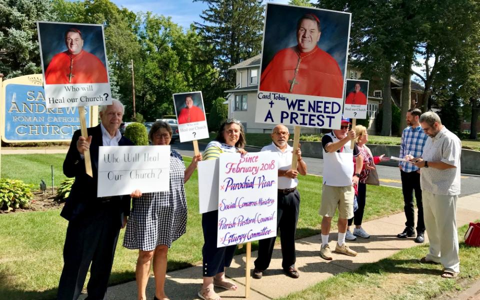 Parishioners demonstrate outside St. Andrew Church in Westwood, New Jersey, calling on the Newark Archdiocese to send a full-time pastor. (Courtesy of Mike Fitzsimmons)