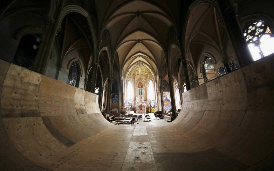 A halfpipe occupies the nave of the former St. Liborius Catholic Church in Old North St. Louis. The church has been converted into SK8 Liborious in recent years. (RNS/Bill Motchan)