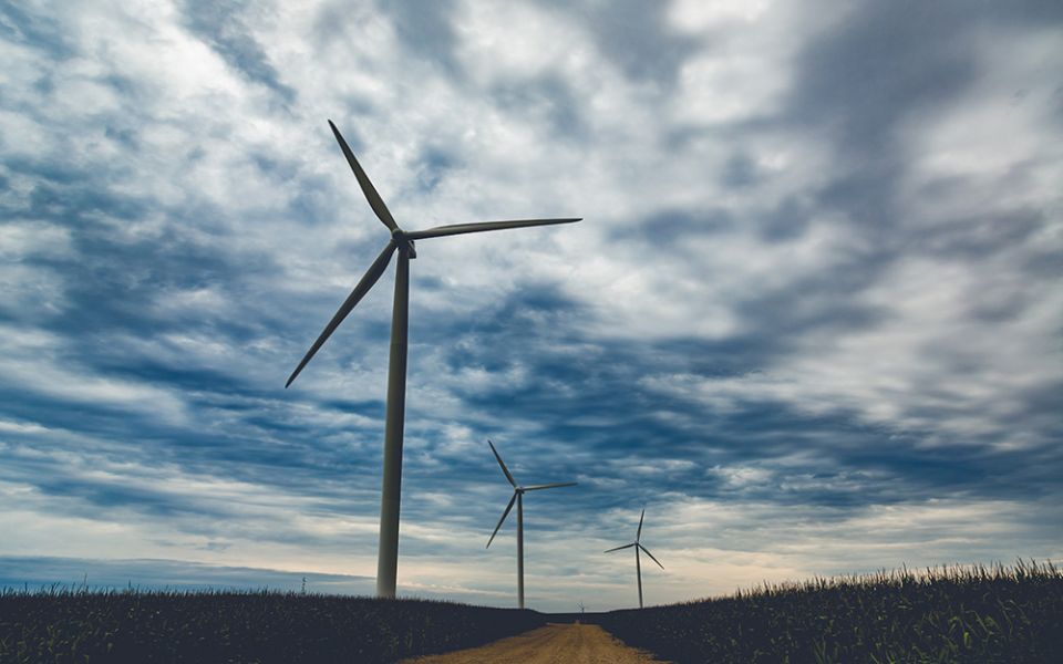 Wind turbines are seen at Pioneer Prairie Renewable Energy Wind Farm in northeast Iowa. (Wikimedia Commons/Tony Webster)