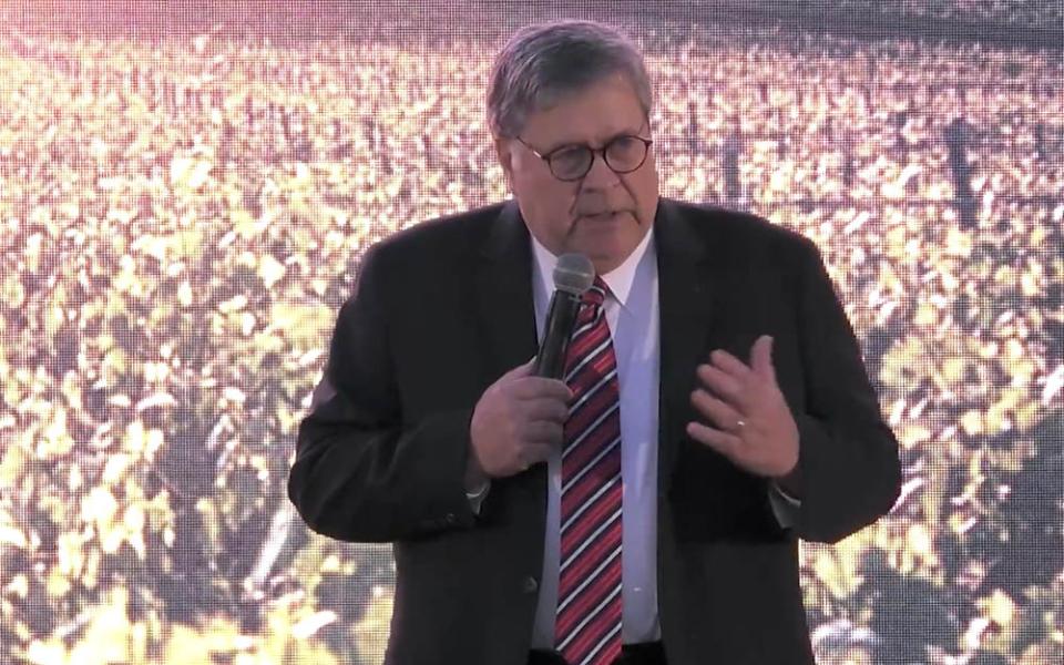 Former U.S. Attorney Gen. William Barr addresses the audience July 30 at the Napa Institute's annual summer conference. (NCR screenshot)