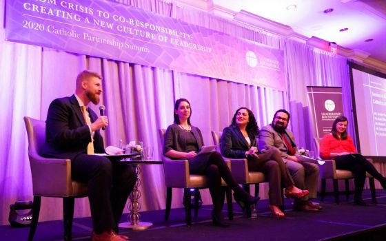 A panel discusses "A Culture with Young Adult Catholics at the Leadership Table" at Leadership Roundtable's Catholic Partnership Summit Feb. 28-29 in Washington, D.C. (Leadership Roundtable/Ralph Alswang)