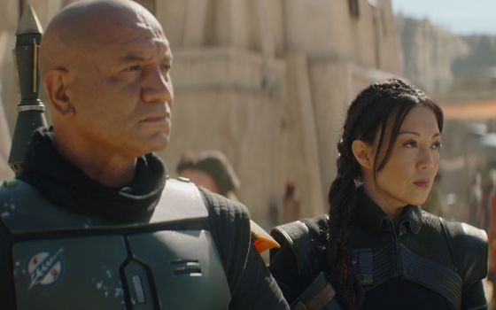 Temuera Morrison, left, is Boba Fett and Ming-Na Wen is Fennec Shand in Lucasfilm's "The Book of Boba Fett," exclusively on Disney+. (Lucasfilm Ltd.)