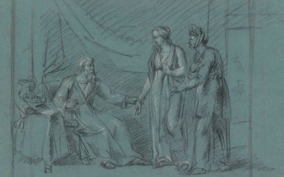 "Sarah Presents Hagar to Abraham," a drawing by the Belgian artist Jean Antoine Verschaeren (1803–1863), depicts a story from the Book of Genesis. (Artvee)