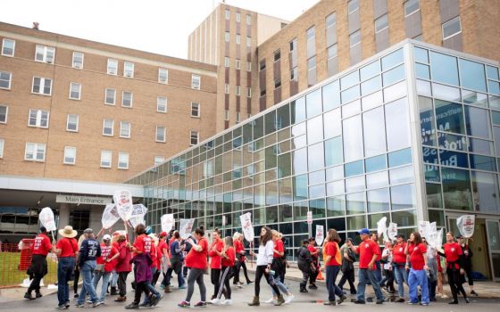 Health care workers at Mercy Hospital in Buffalo, N.Y., participate Oct. 4 in an ongoing strike protesting working conditions in hospitals amid the coronavirus pandemic. (CNS/Reuters/Lindsay DeDario)