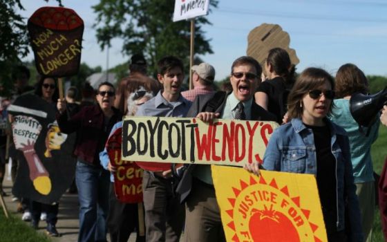 Allies protest outside Wendy's headquarters in the Columbus, Ohio, suburb of Dublin in this 2017 file photo. The Columbus diocese is among more than 150 organizations and faith leaders to boycott the fast food chain. (Courtesy of Alliance for Fair Food)