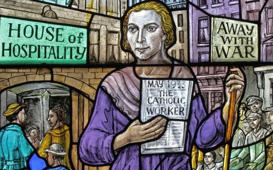 Dorothy Day is depicted in a stained-glass window at Our Lady of Lourdes Church in the Staten Island borough of New York. Day's cause for canonization is advancing from the Archdiocese of New York to the Vatican. (CNS/Gregory A. Shemitz)  