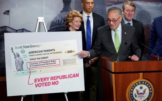 U.S. Senate Majority Leader Chuck Schumer, D-N.Y., holds a news conference at the U.S. Capitol in Washington, D.C., July 15, 2021, about expanded child tax credit payments. (CNS/Reuters/Kevin Lamarque)