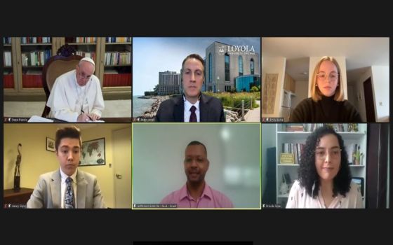 Pope Francis listens to Catholic university students during a virtual dialogue Feb. 24, which Loyola University Chicago hosted in collaboration with Catholic universities and colleges in North, Central and South America, as well as the Caribbean. 