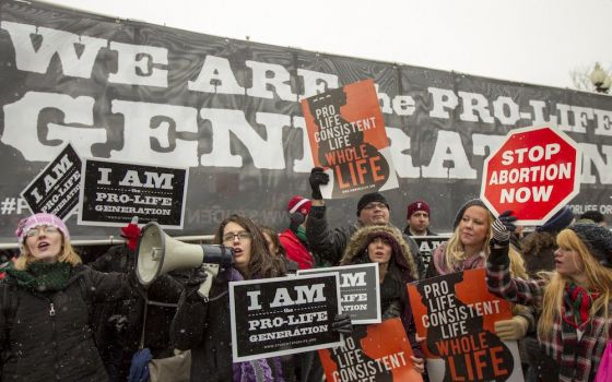 Kristan Hawkins, president of Students for Life of America, shouts pro-life slogans through a bullhorn in front of the Supreme Court building during the March for Life Jan. 25, 2014, in Washington. The groups will hold protests in seven cities throughout 