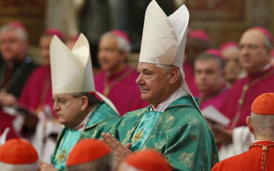 Cardinal Raymond Burke and Cardinal Gerhard Müller arrive in procession for a Mass celebrated by Pope Francis to open the Synod of Bishops on the family in St. Peter's Basilica at the Vatican Oct. 5, 2014. (CNS/Paul Haring)