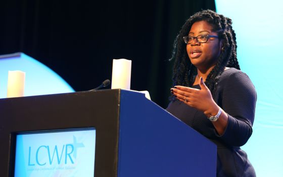 Shannen Dee Williams addresses the Leadership Conference of Women Religious assembly in Atlanta in August 2016. (CNS/Georgia Bulletin/Michael Alexander)