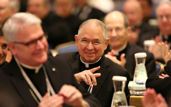 Archbishop José Gomez of Los Angeles smiles Nov. 15, 2016, after he was elected vice president of the U.S. Conference of Catholic Bishops during their annual fall general assembly in Baltimore. (CNS/Bob Roller)