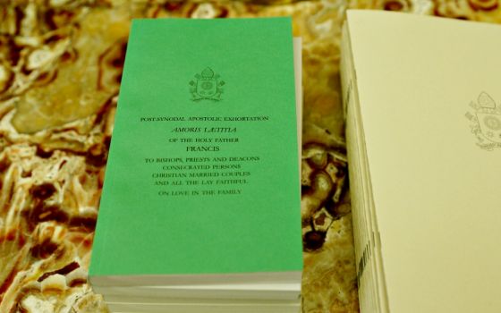 Copies of Pope Francis' apostolic exhortation on the family, "Amoris Laetitia," are seen on a table at the Vatican in January 2017. (CNS/Paul Haring)