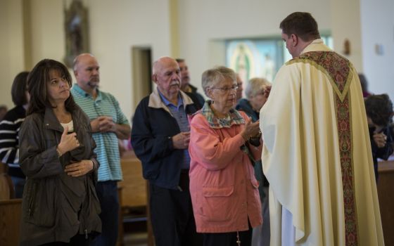 Parishioners receive Communion during Mass at St. John Catholic Church in Westminster, Maryland, in May 2017. (CNS/Chaz Muth)