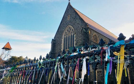 Ribbons hang on the fence outside St. Patrick's Cathedral in Ballarat, Australia, in July 2017. The gesture was to remember victims of Catholic Church abuse. (CNS/Reuters/Byron Kaye)