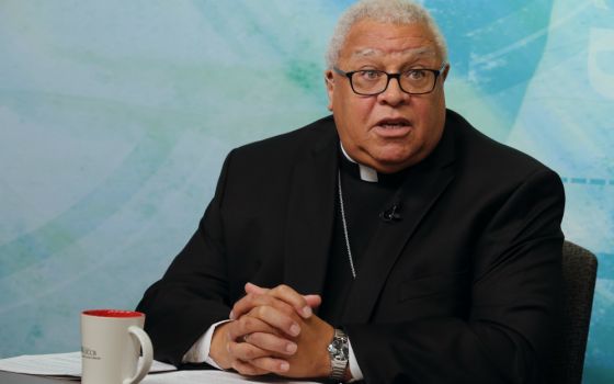 Bishop George Murry of Youngstown, Ohio, speaks during a video news conference Aug. 23 at the U.S. Conference of Catholic Bishops headquarters in Washington. (CNS/Bob Roller)