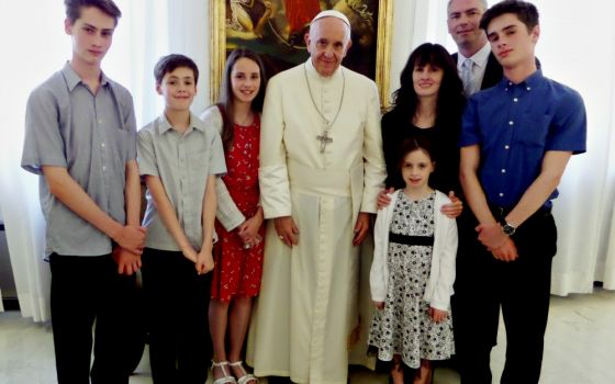 Pope Francis is pictured with author Stephen Walford and family at Casa Santa Maria at the Vatican in July 2017. (CNS/Courtesy of Stephen Walford)