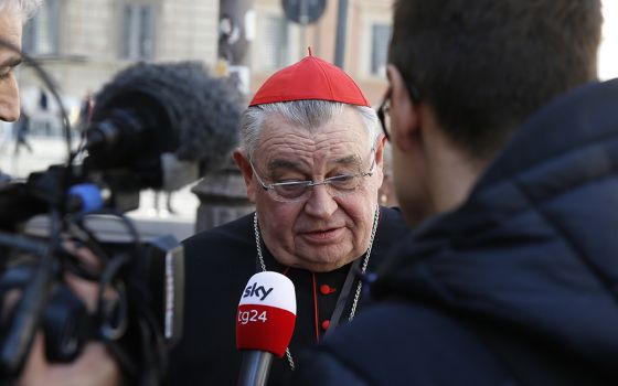 Cardinal Dominik Duka of Prague, Czech Republic, talks with journalists as he leaves the opening session of the meeting on the protection of minors in the church Feb. 21, 2019, at the Vatican. (CNS/Paul Haring) 