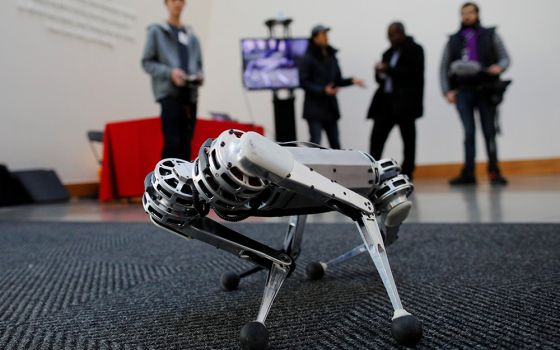 Students demonstrate the Mini Cheetah, a quadruped robot, during presentations at the Massachusetts Institute of Technology Feb. 26, 2019, in Cambridge. In his book "Robots, Ethics and the Future of Jobs," Fr. Seán McDonagh predicts that millions of jobs 