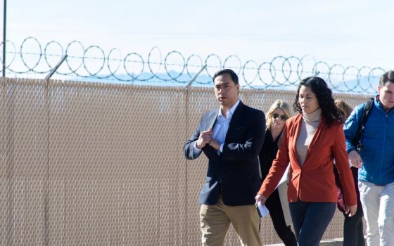 U.S. Rep. Joaquin Castro, D-Texas, and Rep. Xochitl Torres Small, D-New Mexico, exit after touring a Border Patrol substation in Alamogordo, New Mexico, on Jan. 7, 2019. (CNS/Reuters/Julio-Cesar Chavez)