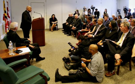 Archbishop Wilton Gregory speaks during a news conference in the pastoral center of the Washington Archdiocese April 4 after Pope Francis named him to head the archdiocese. (CNS/Bob Roller)