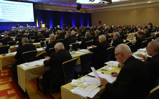 Archbishop Jose Gomez of Los Angeles, vice president of the U.S. Conference of Catholic Bishops, speaks on the first day of the spring general assembly of the USCCB June 11, 2019, in Baltimore. (CNS/Bob Roller)