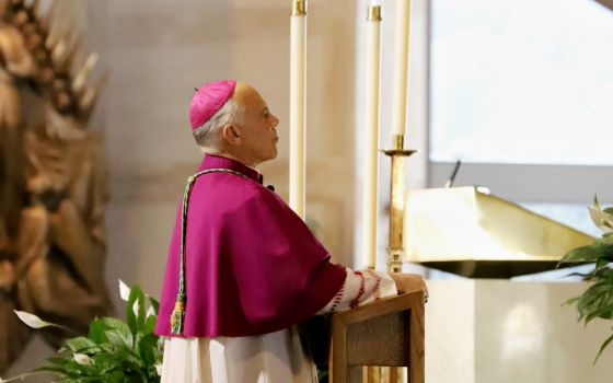 San Francisco Archbishop Salvatore Cordileone leads the rosary at the Cathedral of St. Mary of the Assumption before Mass to conclude the Novena for Life Aug. 11. (CNS/Archdiocese of San Francisco Office of Human Life & Dignity/Debra Greenblat)