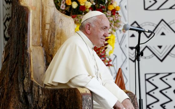 Pope Francis listens during a meeting with people at the Jorge Basadre Institute in Puerto Maldonado, Peru, Jan. 19, 2018. (CNS/Paul Haring) 