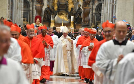 Pope Francis walks in procession with new cardinals during a consistory in St. Peter's Basilica at the Vatican Oct. 5, 2019. (CNS/Vatican Media)